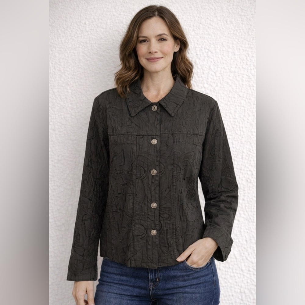 Kaktus Womens Long Sleeve Button Down Swirl Jacket Mirror Image Black Sz M